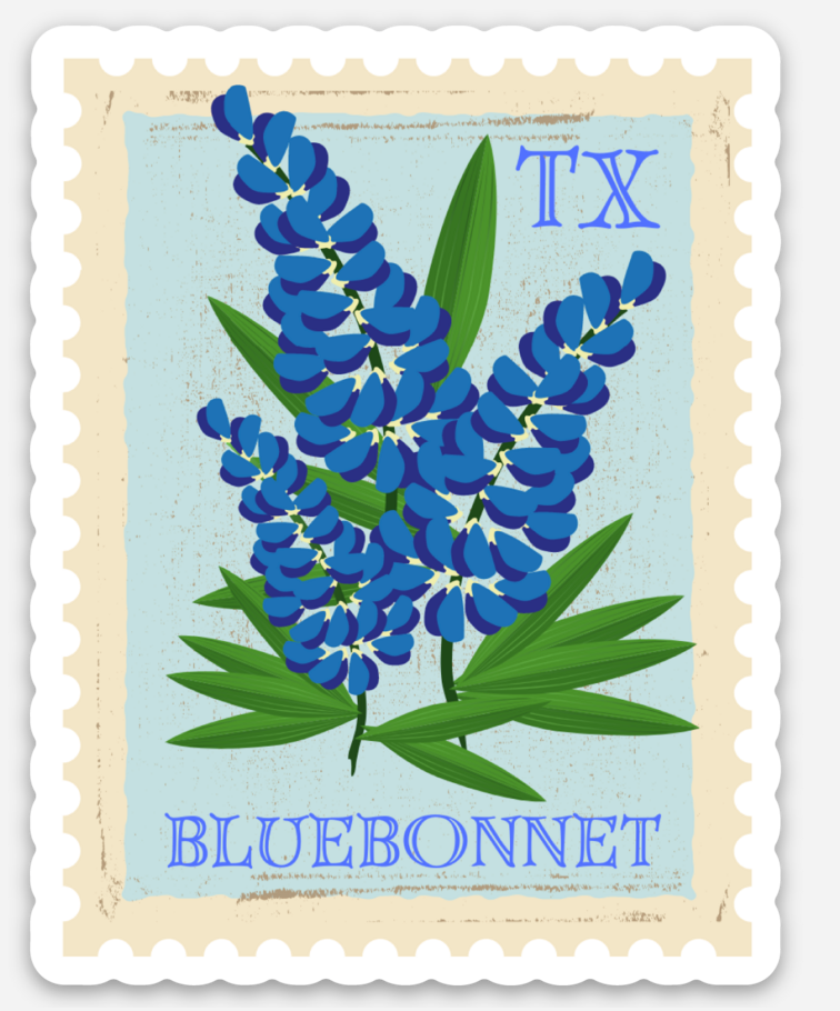 Texas Bluebonnet Stamp Sticker, Vintage Postage Decal Gift