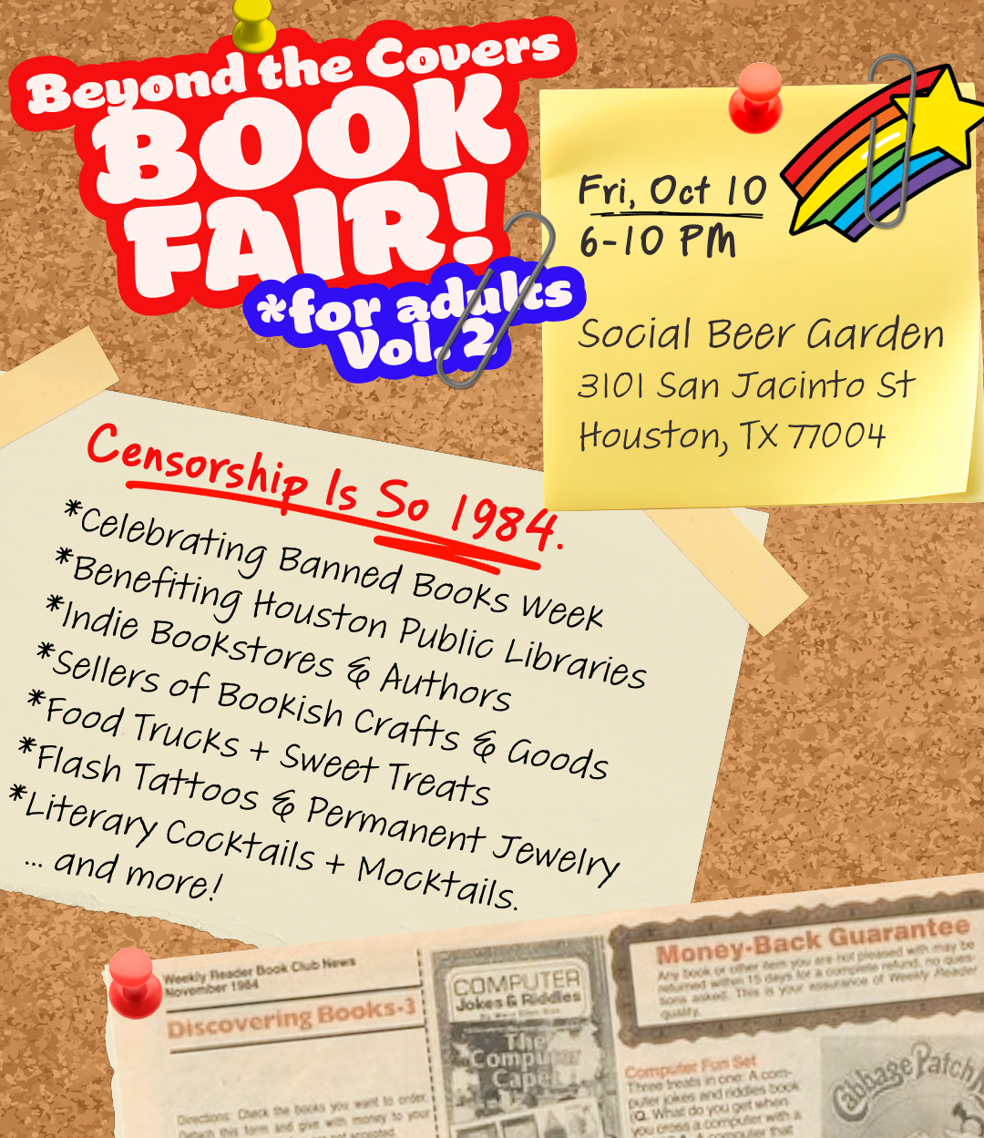 Advertisement for 'Beyond the Covers Book Fair! for Adults Vol. 2' on a corkboard with pinned papers.