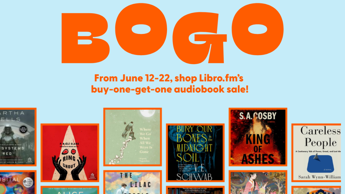 Promotional banner for Libro.fm's buy-one-get-one audiobook sale with book covers and 'BOGO' text.