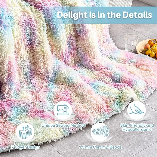 Rainbow Weighted Faux Fur Sherpa Throw Blanket 🌈📚✨